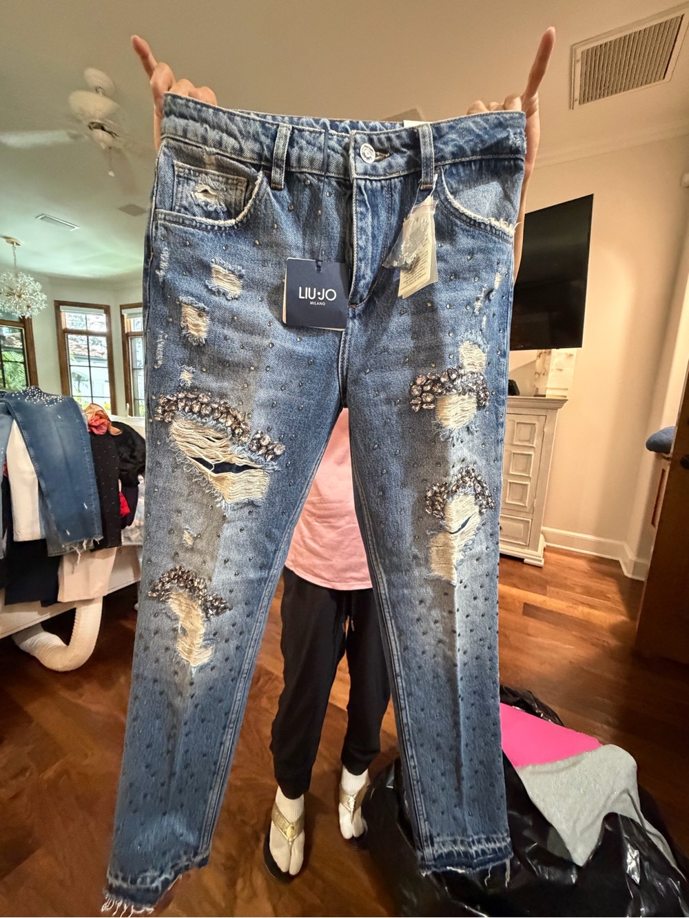 Liu Jo Blue Distressed Skinny Jeans with Crystal Studs